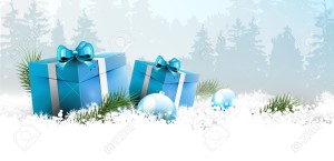Christmas winter landscape with blue gift boxes and copyspace